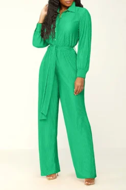 Solid Color Classic Belted Pleated Jumpsuit -Prettytina H23072186 GR 1