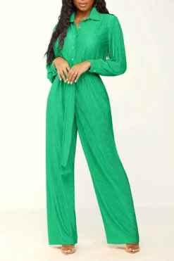 Solid Color Classic Belted Pleated Jumpsuit -Prettytina H23072186 GR 2