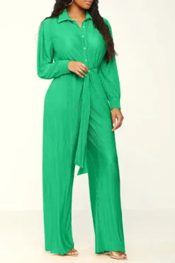 Solid Color Classic Belted Pleated Jumpsuit -Prettytina H23072186 GR 3