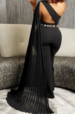 Solid Color One Shoulder Glamorous Trailing Irregular Jumpsuit -Prettytina H23072187 BK 3