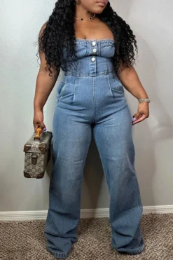 Solid Color Bandeau Classic Denim Jumpsuit