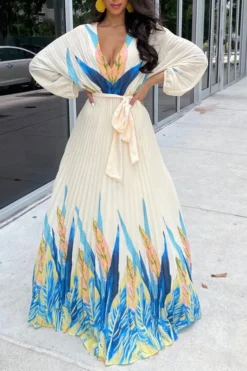 Leaf Print Classic Lace-Up Pleated Maxi Dress 8 Leaf Print Classic Lace-Up Pleated Maxi Dress -Prettytina H23080185 BL 1