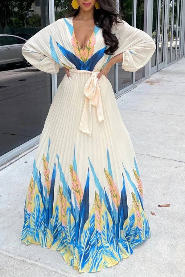 Leaf Print Classic Lace-Up Pleated Maxi Dress 3 Leaf Print Classic Lace-Up Pleated Maxi Dress - Image 3