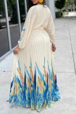 Leaf Print Classic Lace-Up Pleated Maxi Dress 9 Leaf Print Classic Lace-Up Pleated Maxi Dress -Prettytina H23080185 BL 2