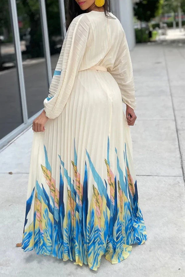 Leaf Print Classic Lace-Up Pleated Maxi Dress 4 Leaf Print Classic Lace-Up Pleated Maxi Dress - Image 4