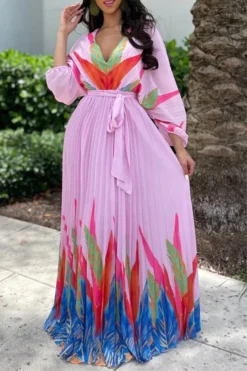 Leaf Print Classic Lace-Up Pleated Maxi Dress
