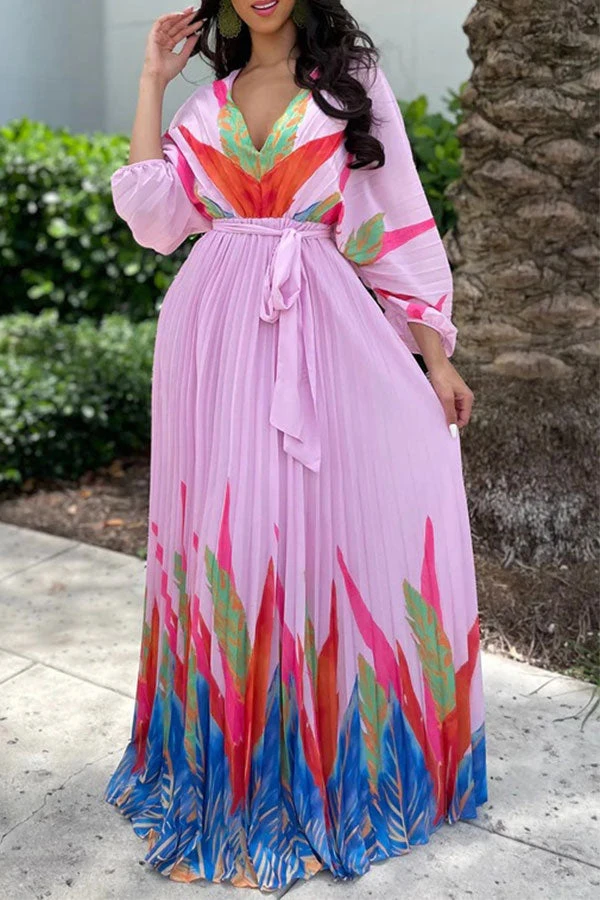 Leaf Print Classic Lace-Up Pleated Maxi Dress 1 Leaf Print Classic Lace-Up Pleated Maxi Dress