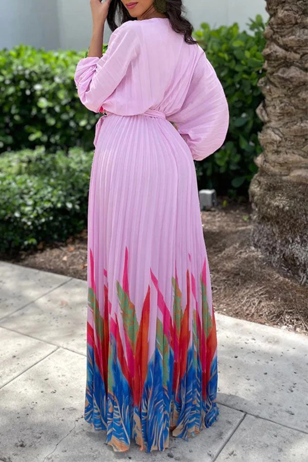 Leaf Print Classic Lace-Up Pleated Maxi Dress 2 Leaf Print Classic Lace-Up Pleated Maxi Dress - Image 2