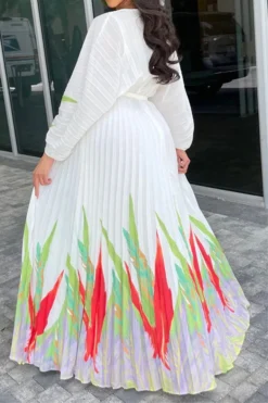 Leaf Print Classic Lace-Up Pleated Maxi Dress 11 Leaf Print Classic Lace-Up Pleated Maxi Dress -Prettytina H23080185 RE 2