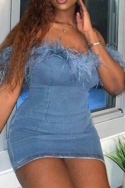 Feather Trim Off Shoulder Rocking Denim Mini Dress