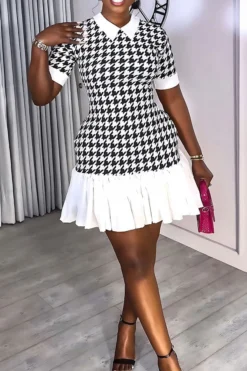 Patchwork Houndstooth On-trend Ruffle Mini Dress
