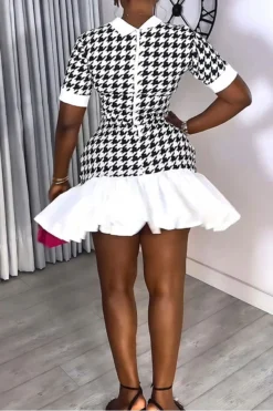 Patchwork Houndstooth On-trend Ruffle Mini Dress 8 Patchwork Houndstooth On-trend Ruffle Mini Dress -Prettytina H23080710 BK 3