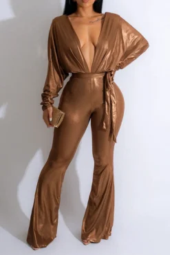 Metallic Striking Lace-Up Micro Flared Jumpsuit