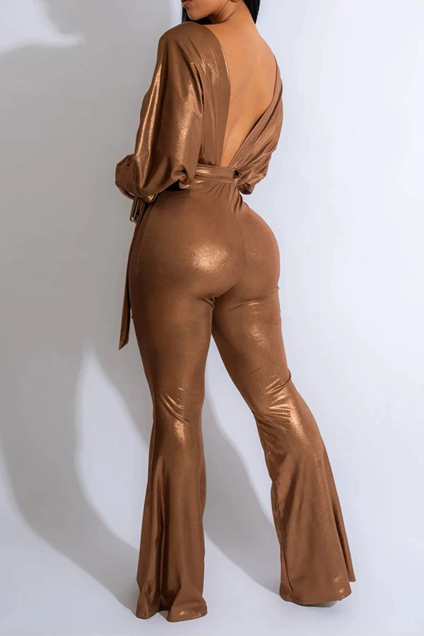 Metallic Striking Lace-Up Micro Flared Jumpsuit 2 Metallic Striking Lace-Up Micro Flared Jumpsuit - Image 2