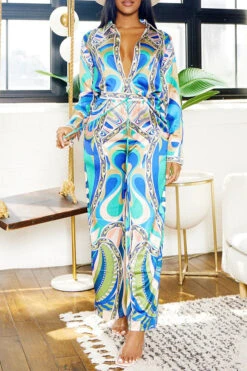 Tribal Print Patchwork Laid Back Pant Suit -Prettytina H23080750 BL 2