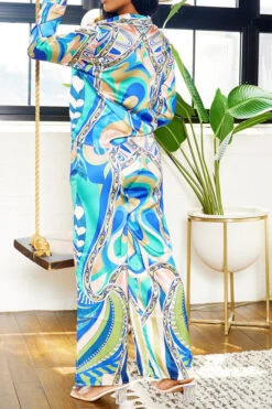 Tribal Print Patchwork Laid Back Pant Suit -Prettytina H23080750 BL 3