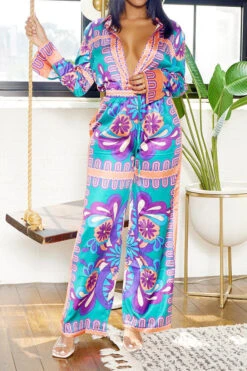 Tribal Print Patchwork Laid Back Pant Suit -Prettytina H23080750 PU 1