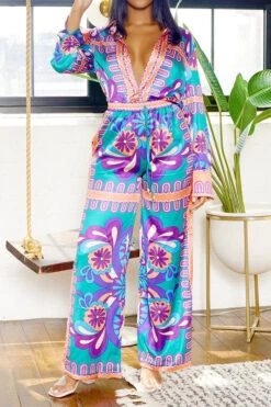 Tribal Print Patchwork Laid Back Pant Suit -Prettytina H23080750 PU 3