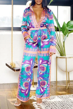 Tribal Print Patchwork Laid Back Pant Suit -Prettytina H23080750 PU 4