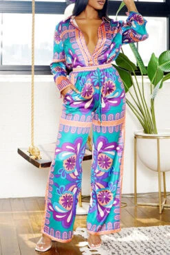 Tribal Print Patchwork Laid Back Pant Suit -Prettytina H23080750 PU 5