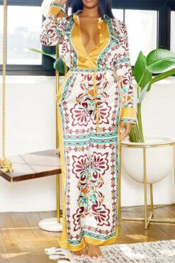 Tribal Print Patchwork Laid Back Pant Suit -Prettytina H23080750 YE 1