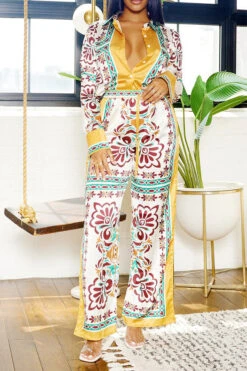 Tribal Print Patchwork Laid Back Pant Suit -Prettytina H23080750 YE 2