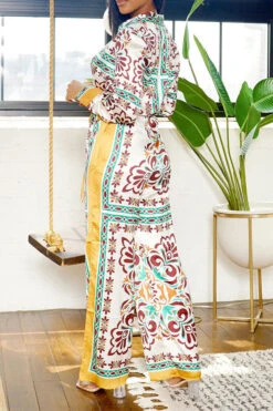 Tribal Print Patchwork Laid Back Pant Suit -Prettytina H23080750 YE 3