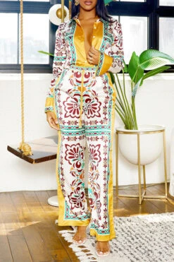 Tribal Print Patchwork Laid Back Pant Suit -Prettytina H23080750 YE 4