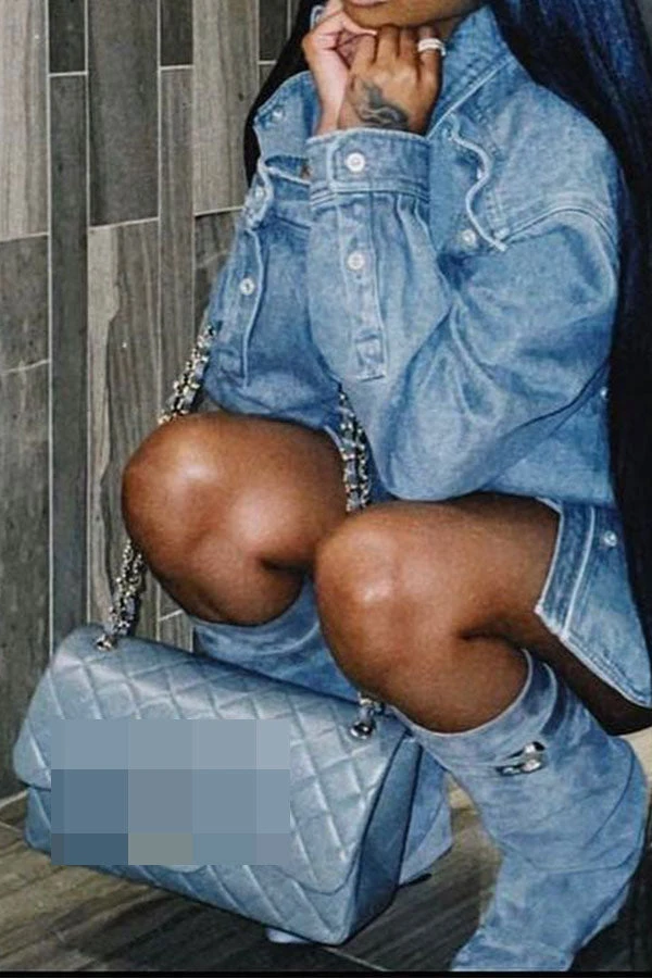 Solid Color Button Design On-trend Denim Coat & Skirt 2 Solid Color Button Design On-trend Denim Coat & Skirt - Image 2