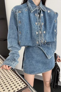 Solid Color Button Design On-trend Denim Coat & Skirt 5 Solid Color Button Design On-trend Denim Coat & Skirt -Prettytina H23080761 BL 3