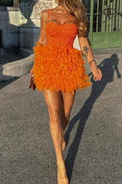 Sequined Patchwork Sweet Feather Mini Dress -Prettytina H23080933 OR 3