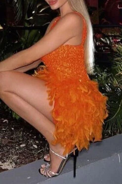 Sequined Patchwork Sweet Feather Mini Dress -Prettytina H23080933 OR 4