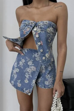 Floral Print Retro Button Thru Denim Camisole -Prettytina H23081419 BL 3