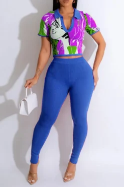 Abstract Print Flattering Bodycon Pant Suit -Prettytina H23081437 BL 1