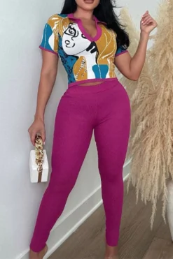 Abstract Print Flattering Bodycon Pant Suit -Prettytina H23081437 PU 2