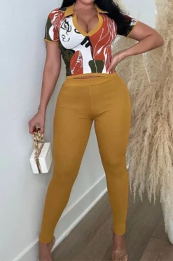 Abstract Print Flattering Bodycon Pant Suit -Prettytina H23081437 YE 3