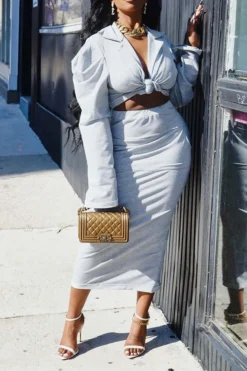 Solid Color Urban Knotted Detail Skirt Suit