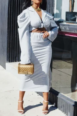 Solid Color Urban Knotted Detail Skirt Suit -Prettytina H23081451 AS 4