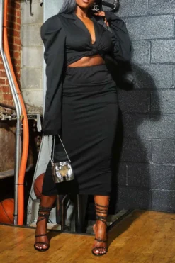 Solid Color Urban Knotted Detail Skirt Suit -Prettytina H23081451 BK 1