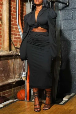 Solid Color Urban Knotted Detail Skirt Suit -Prettytina H23081451 BK 2