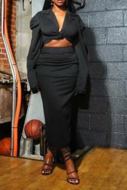 Solid Color Urban Knotted Detail Skirt Suit -Prettytina H23081451 BK 3