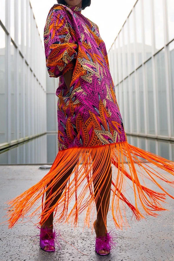 Leaf Print Bohemia Tassel Hem Midi Dress 1 Leaf Print Bohemia Tassel Hem Midi Dress