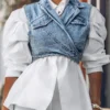 Outstanding Puff Sleeve White Blouse & Adjustable Denim Gilet