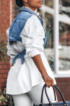 Outstanding Puff Sleeve White Blouse & Adjustable Denim Gilet -Prettytina HP2012091 2