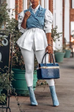 Outstanding Puff Sleeve White Blouse & Adjustable Denim Gilet -Prettytina HP2012091 3