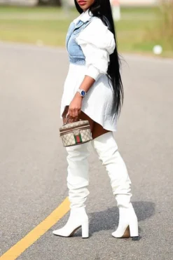 Outstanding Puff Sleeve White Blouse & Adjustable Denim Gilet -Prettytina HP2012091 9