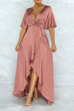 Plain Glamorous Knotted High Low Slit Maxi Dress