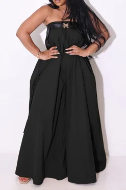 Solid Color Whimsical Wide Leg Jumpsuit With Belt -Prettytina HP2209293 BK 1