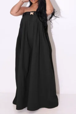 Solid Color Whimsical Wide Leg Jumpsuit With Belt -Prettytina HP2209293 BK 2