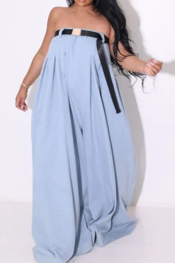 Solid Color Whimsical Wide Leg Jumpsuit With Belt -Prettytina HP2209293 BL 1